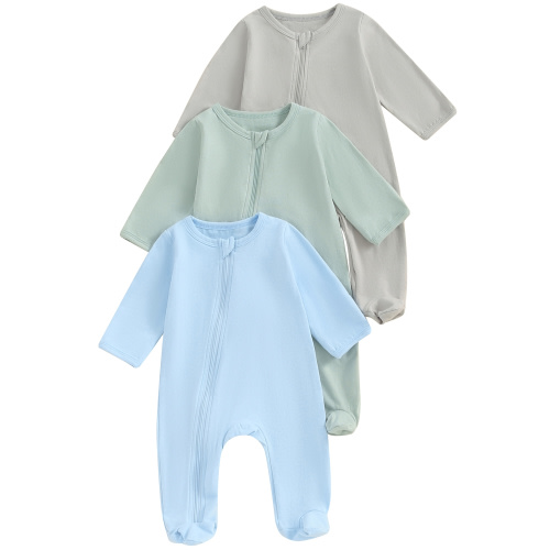 Mevireiy 3 Pack Baby Girl Boy Footie Pajama Zipper Cotton Sleeper Long Sleeve Jumpsuit, Blue, 0-3 Months