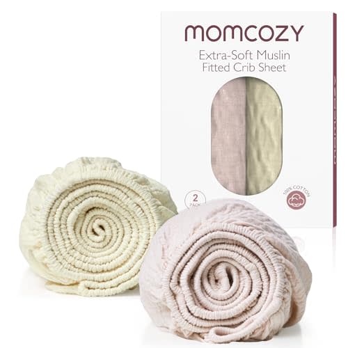 Momcozy Muslin Fitted Mini Crib Sheets, 38"x26", 2 Pack Soft Breathable Natural Cotton Baby Mattress Sheet, 360° Mattress Wrapping No Slip Boys Girls Neutral Toddler Bed Sheet, Beige Blush