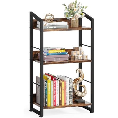 Hosfais Book Shelf Small Bookshelf: 3 Tier Wood Bookcase Industrial Bookshelf with Edge Protection Metal Narrow Bookcase Storage Organizer Display Rack for Bedroom Home Office, Vintage Brown