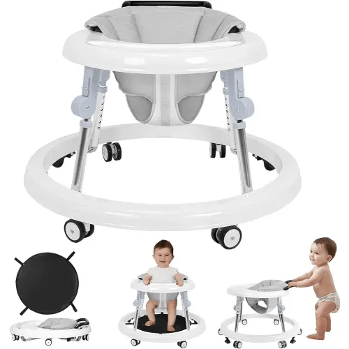 Foldable Baby Walker with Wheels and Anti-Rollover, Sit to Stand Activity Center for Boys and Girls 6-18 Months, 5-Position Height Adjustable (White)