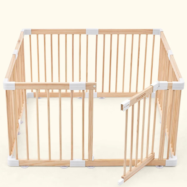 HARPPA Wooden Baby Gate Playpen | Non-Toxic Foldable DIY Adjustable Play Yard for Infants & Toddlers – Natural Finish Baby Fence for Small & Large Spaces