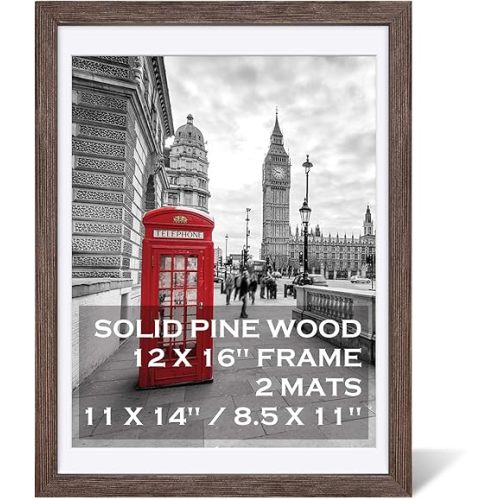 12x16 Rustic Picture Frames Solid Wood Display Pictures 11x14 or 8.5x11 Diplomas with Mat or 12x16 without Mat, Farmhouse Distressed Wooden Picture Frame for Wall or Table Top Display, Walnut