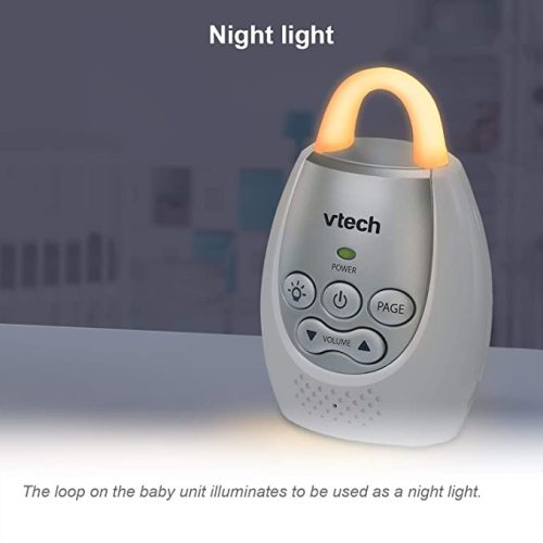 VTech DM221 Audio Baby Monitor with up to 1,000 ft of Range, Vibrating Sound-Alert, Talk Back Intercom & Night Light Loop, White/Silver - Monitor with One Parent Unit