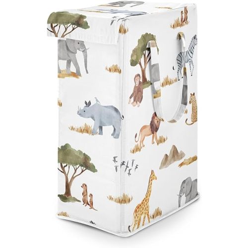 Sweet Jojo Designs Jungle Animals Boy Girl Unisex Gender Neutral Laundry Hamper Foldable Dirty Clothes Basket with Handles Baby Nursery Kids Bedroom Teen Bathroom Wildlife Safari Elephant Giraffe Lion