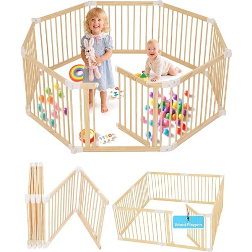 Foldable Wooden Baby Playpen Large Play Yard for Babies, 2 in1 New Mom Helper Portable Fence, Custom 25" Tall Wood Gate with Adjustable Size & Shape for Infants 3-16 Months -63x63x25 inch