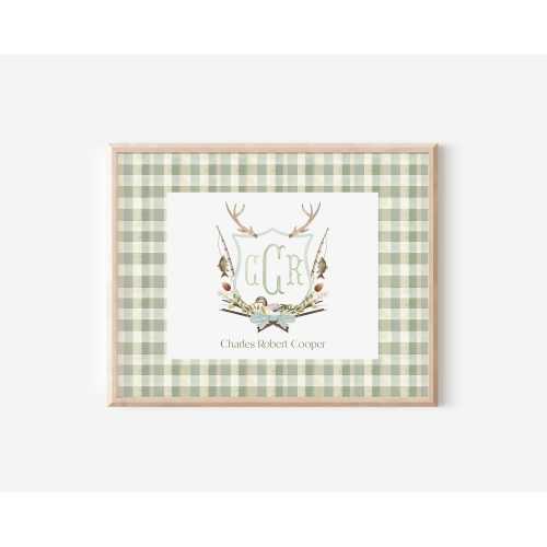 Hunting Nursery Crest Personalized for Baby Boy Monogram Gift Keepsake Art for Nursery Decor New Mom Gift for Newborn Custom Fishing Crest