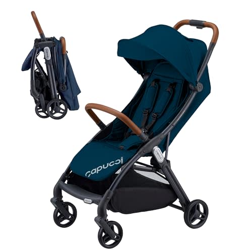 Capucci Memento Baby Stroller - Lightweight One Hand Auto Fold Compact & Self-Standing, 5 Point Safety Harness, Ample Storage, Suitable for Car Seat, Infant Stroller for Travel - Moroccan Blue