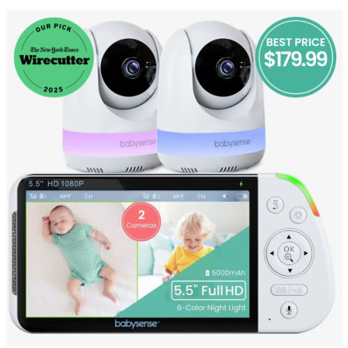 Babysense Max View: Video Baby Monitor with 2 Cameras, Split Screen, Non Wifi, Night Light & Sound Machine