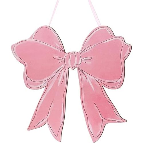 Pink Bow Wooden Hanging Sign Coquette Bow Wall Hanging Hanger Cute Preppy Wall Art Bowknot Welcome Door Sign Girly Decor for Girls Room College Dorm Apartment Indoor Outdoor Porch