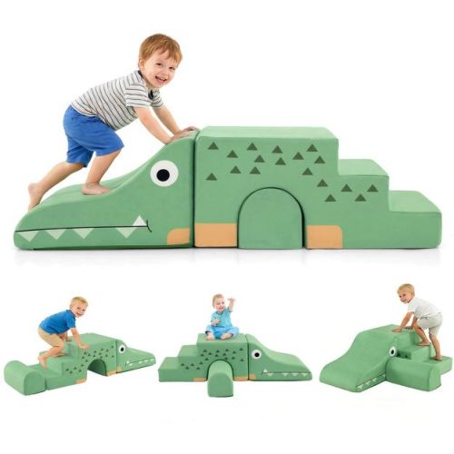 Costway 3 PCS Soft Velvet Toddler Climbing Toys Crocodile-Themed Foam Climbing Blocks Green