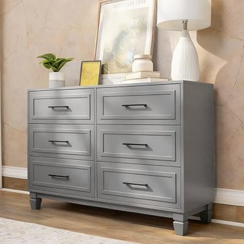 Farmhouse Dresser for Bedroom, 6 Drawer Dresser with Unique Solid Wood Legs, Modern Wide Chest Dressers for Clothes, Closet, Living Room, Grey