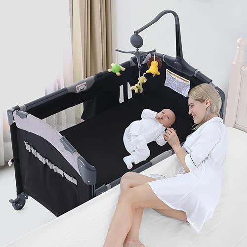Jaoul 5 in 1 Baby Crib, Baby Bassinet Beside Sleeper, Pack and Play with Bassinet and Changing Table Portable Travel Baby Playpen with Toys & Music Box, Mattress for Girl Boy Infant Newborn Black