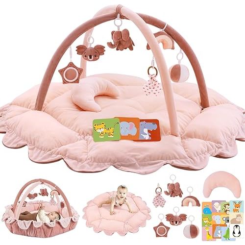 5-in-1 Plush Baby Play Gym, Baby Play Mats, Convertible Baby Gym with Pillow, Tummy time mat, 6 Sensory Toys, Baby Activity Center from Newborn to Toddler, Pet Bed, Cat & Dog Bed, Ball Pit, Pink