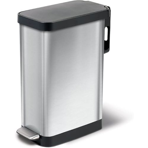 Glad Slim Trash Can with Clorox Odor Protection - Narrow Kitchen Garbage Bin with Soft Close Lid, Step On Foot Pedal and Waste Bag Roll Holder, Stainless Steel, 45 Liter