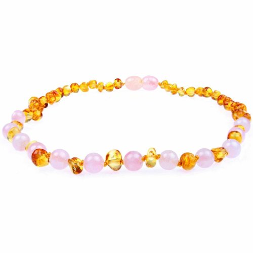Amber Teething Necklace, Rose Quartz