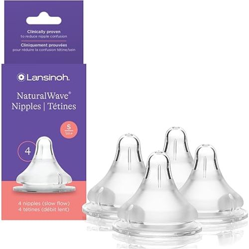 Lansinoh NaturalWave Baby Bottle Nipples – 100% Soft, Durable Silicone, Made Without BPA BPS, Anti-Colic, Supports Baby’s Developing Mouth and Teeth, Slow Flow, Size S, 4 Count, 1+ Month
