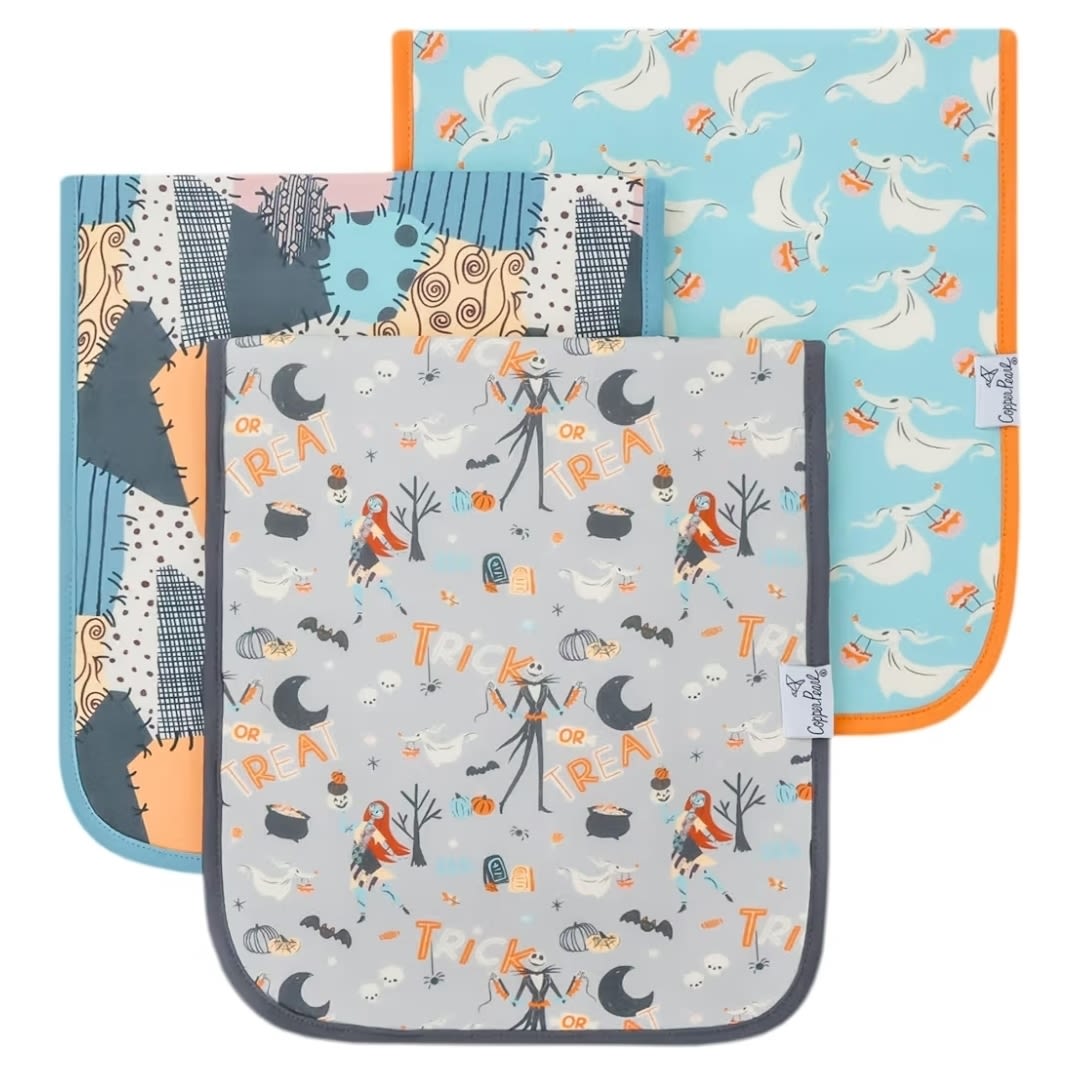 Copper Pearl Baby Burp Cloths 3 Pack, Cotton Burp Cloths, Absorbent Spit Up Rags, Nightmare Before Christmas Set