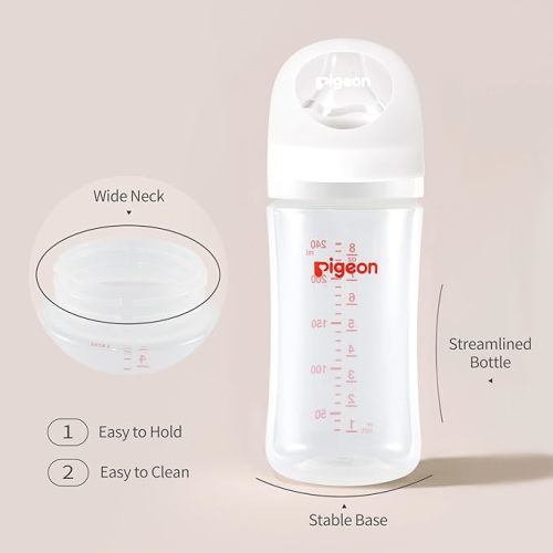 Pigeon PP Nursing Bottle Wide Neck, Anti-Colic, Streamlined Body, Natural Feel, Easy to Clean, 8.1 Oz(Pack of 4), Includes 4pcs M Nipples (3m+)