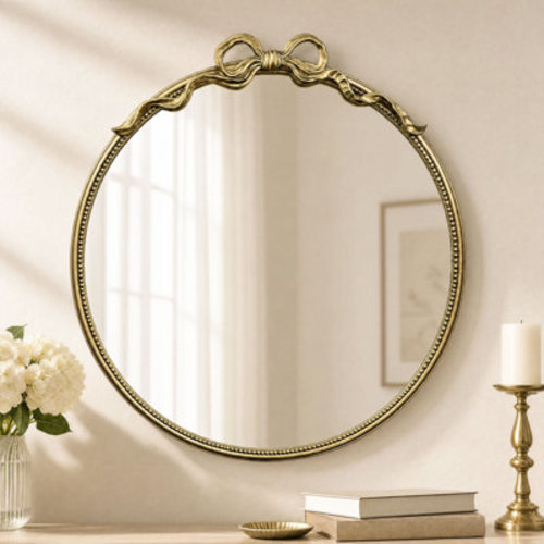 Astoria Grand Antique Gold Round Wall Mirror with Bow Accent, Vintage Decorative Mirror for Bedroom | Wayfair