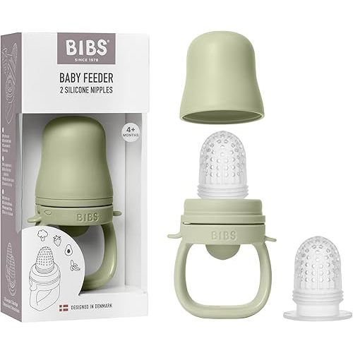 BIBS Baby Feeder with 2 Silicone Nipples, Compatible with Freezer Tray, Easy-Grip, BPA-Free - Ideal for Teething & Self-Feeding, 4+ Months - Sage