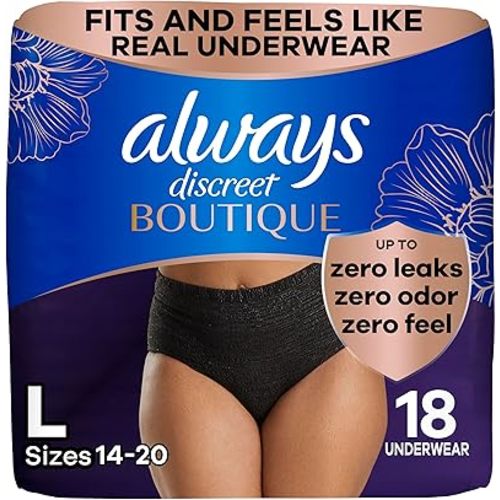 Always Discreet Boutique Incontinence and Postpartum Underwear for Women, Maximum Protection, Large, Black, 18 Count