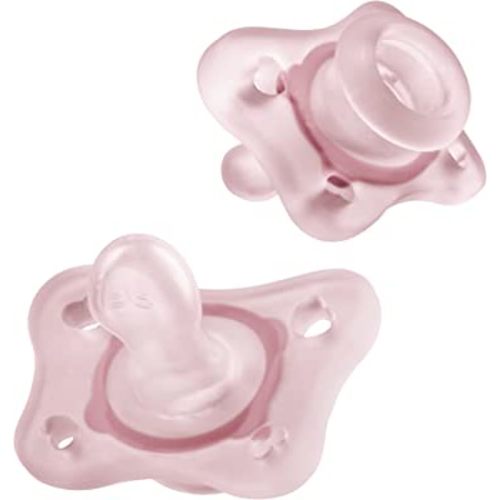 Chicco PhysioForma 100% Soft Silicone Mini One Piece Pacifier for Babies Aged 0-2 Months | Orthodontic Nipple Supports Breathing | BPA & Latex Free | Reusable Sterilizing Case | Pink, 2pk