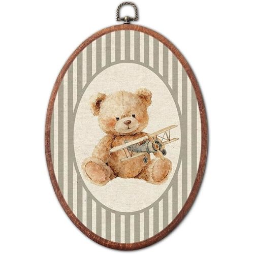 Vintage Airplane Bear Nursery Oval Wall Art Framed, Grey Striped Framed Canvas Prints, Unique Retro Boy or Girl Gift Hanging Wall Decor for Kids Toddler Room Bedroom Playroom, 8.6x11.4 Inch