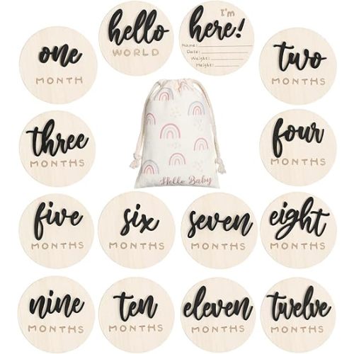 3D Baby Milestone Wooden Circles Hello World Newborn Sign 7 Pack Double Sided Monthly Milestone Cards Baby Announcement Sign for Newborn Shower Photo Props (Black)