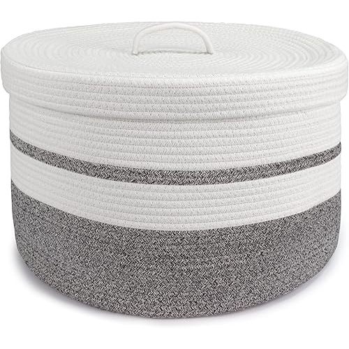 Laundry Hamper with Lid, XXL Woven Laundry Basket，Blanket and Toy Storage Basket for Living Room, Bedroom, Bathroom, Nursery（Grey and White，65L）