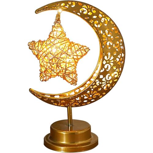 NFNSIG Vintage Moon Star Table Lamp, Metal Frame Ramadan Desk Lamp Battery Powered Mosaic Crescent Bohemian Handmade Bedside Light for Living Room, Bedroom