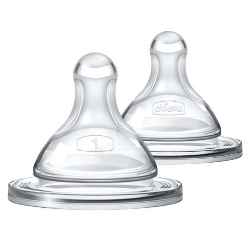 Chicco Duo 100% Silicone Intui-Latch Baby Bottle Nipple with Anti-Colic Valve, Skin-Like Texture and Breast-Like Flow, Stage 1 - Slow Flow, 2pk, 0+ Months - Clear, New