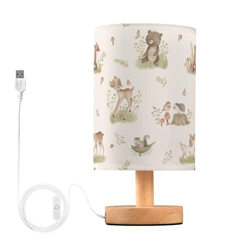 Oarencol Bedside Table Lamp Woodland Animals Nightstand Lamp with Wood Forest Fox Deer Rabbit Bird Bear Mushroom Desk Lamps for Bedroom Living Room Nursery Office Home Decor