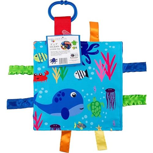 Baby Jack & Co 8x8” Ocean Lovey Tag Toys for Babies - Crinkle Toys for Baby - Soft & Safe - Learn Shapes & Colors - Ideal Infant Gift - BPA Free w/Stroller Clip