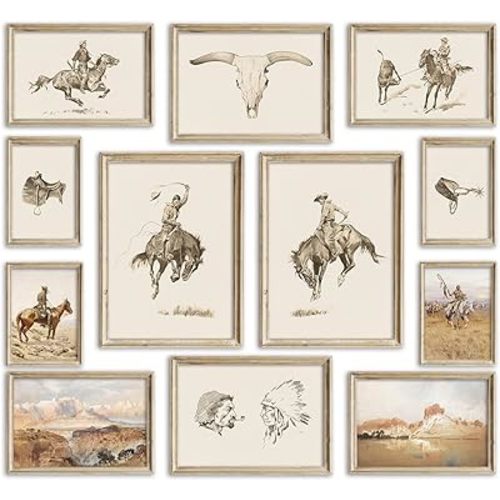 Kizbok Western Deor Vintage Farmhouse Cowboy Western Wall Decor, Retro Southwestern Wall Art Prints Country Cowboy Oil Paintings, Rustic Horse Riders Ranch Southwest Artwork Picture for Gallery Bedroom Bathroom western Home Decor (Set of 12, Unframed)