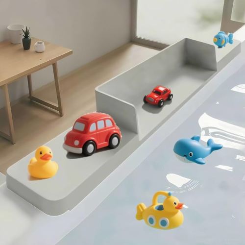 Splash Guard for Bathtub,Silicone Bathtub Side Splash Guard Tray with 7 Suction Cups,Tub Play Shelf for Kids(Grey)