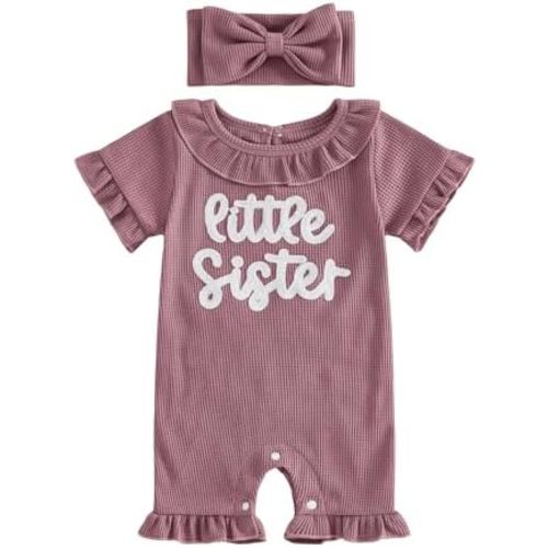 Sejardin Baby Girl Romper Letter Embroidery Newborn Infant Summer Clothes Short Sleeve Ruffle Crew Neck Jumpsuit Headband