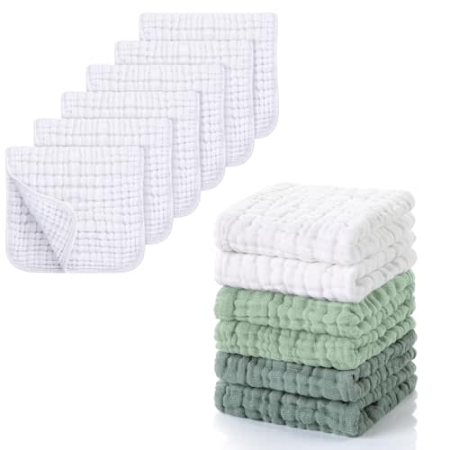 Looxii Muslin Burp Cloths 6 Pack 20x10 in & 6 Pcs Muslin Baby Washcloths 12x12 in