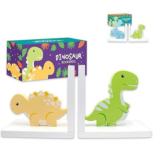 Decorably Stego and Trex Dinosaur Book Ends for Kids Books - 1 Set Non-Skid Wooden Kids Bookends for Boys, Dinosaur Bookends - Nursery, Classrooms