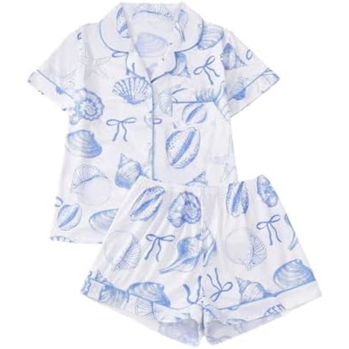 BEAUDRM Women's 2 Piece Pajama Sets Shell Print Short Sleeve Sleepwear Button Down Shirt and Bow Shorts Loungewear Pj Sets