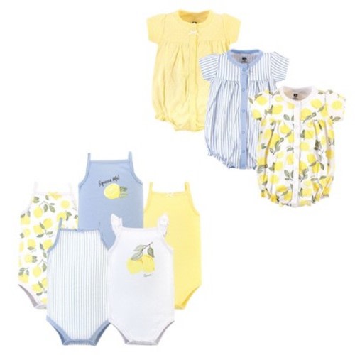 Hudson Baby Infant Girl Cotton Bodysuits and Rompers, 8-Piece, Yellow Lemon, 6-9 Months