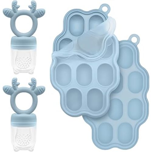 Baby Fruit Feeder & Breastmilk Popsicle Molds for Teething, Silicone Baby Food Feeder Pacifier and Food Freezer Tray with Lid for Baby Teething Self Feeding, BPA Free (2 Pack) Silicone Teething Toys