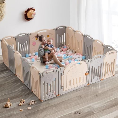 Uanlauo Baby Playpen, 18 Panel Foldable Play Yard for Toddlers, Easy Assemble Safety Baby Fence (Grey+White)