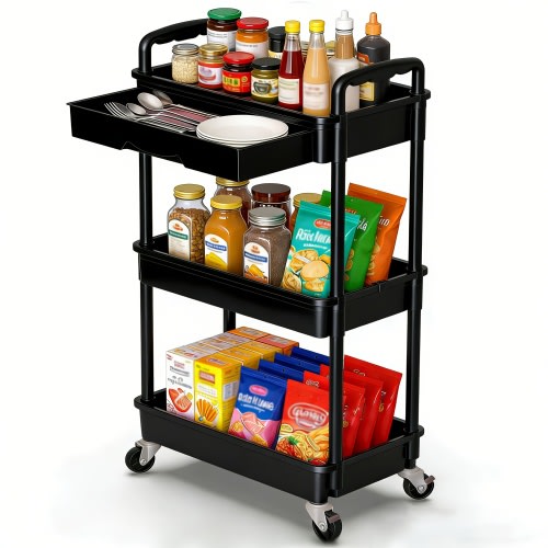 3/4 Tiers Durable Plastic Rolling Cart | Multi-Functional Storage Trolley with Drawers and Lockable Wheels - Ideal for Kitchen, Bathroom, Office, and Living Room - Includes Practical Accessories like Cup Holders and Hooks - Easy Assembly Storage Car