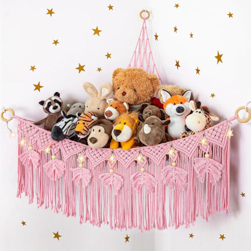 Dakota Fields Macrame Stuffed Animal Storage With Star Light – Pink | Wayfair