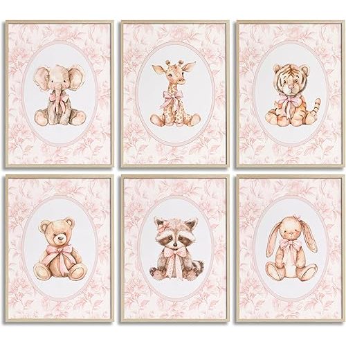 Baby Safari Animals Wall Art Animals Pink Bow Nursery Wall Decor Cute Giraffe Elephant Tiger Bear Rabbit Raccoon Picture Painting Poster Print Artwork for Baby Room Girl Room Kids Room Decoration