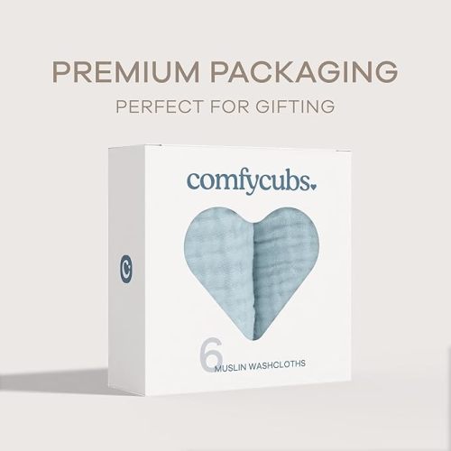 Comfy Cubs Muslin Baby Washcloths 6 Pack - Soft 6-Layer Cotton Wash Cloths for Sensitive Skin - 10"x10" Large, Gentle, Absorbent Infant Essentials for Newborn and Toddlers - (Sky Blue)