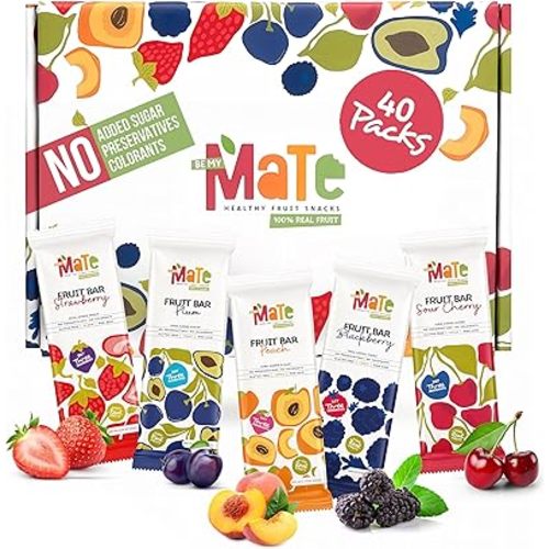 Mate Fruit Bars Variety Pack (40 Pack) - 100% Natural Real Fruit Snacks for Adults and Kids, Healthy Snacks Gluten-Free & Vegan & Non GMO & Kosher - Zero Added Sugar, No Preservatives and No Colorant