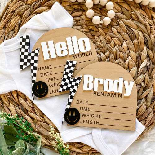 Checkered Baby Boy Milestone Sign - Custom Hospital Birth Stat Sign - Trendy Boy Nursery Decor - Name Plaque Bow - Lightning Bolts