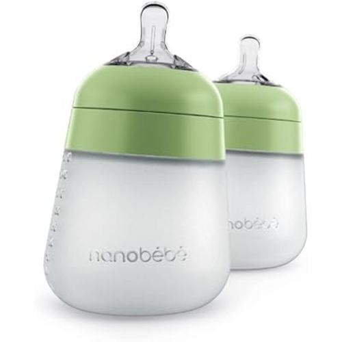 Nanobébé Flexy Silicone Baby Bottle, Anti-Colic, Natural Feel, Non-Collapsing Nipple, Non-Tip Stable Base, Easy to Clean 2-Pack, Sage, 9oz