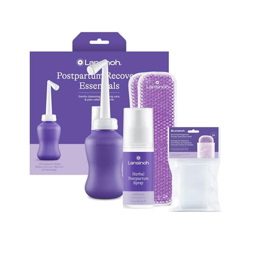 Lansinoh Bounce Back Postpartum Bundle, 16-Piece Gift Set with Peri Bottle, Herbal Perineal Spray, Reusable Perineal Ice Packs and Sleeves, Postpartum Essentials for New Moms